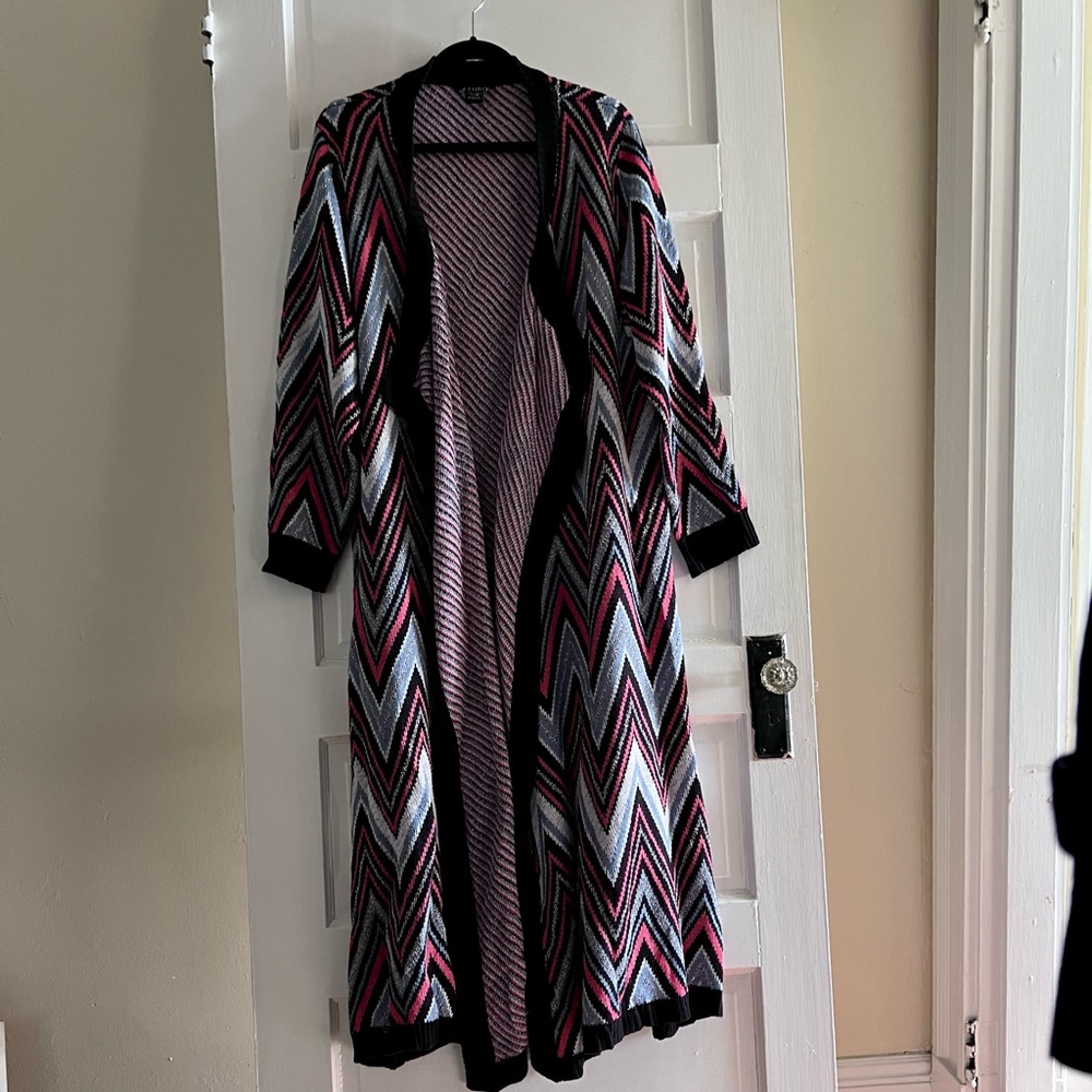 Zig Zag Diagonal Long Sweater Cardigan Duster Coat Ashro Medium Black Pink Ankle